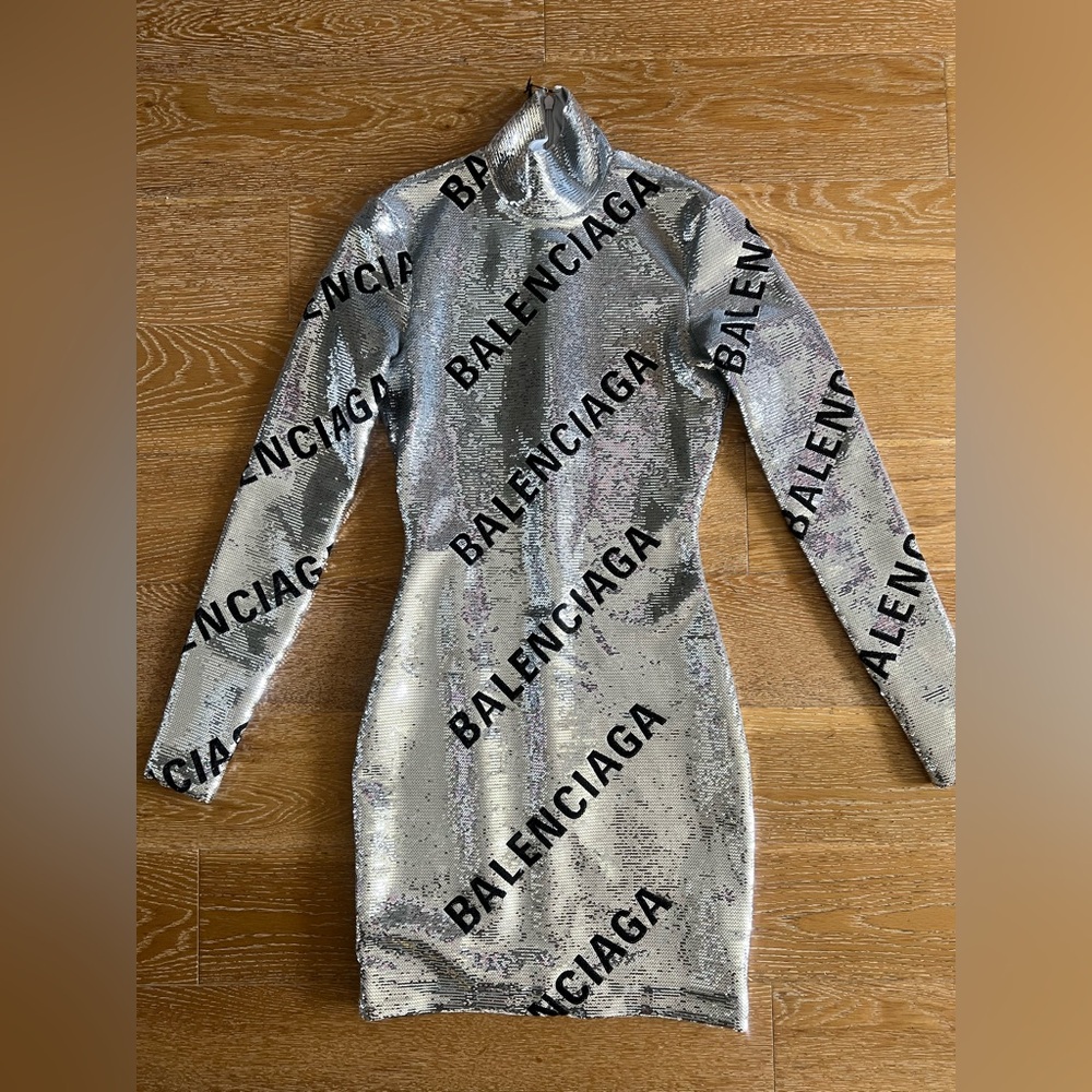 Balenciaga Silver Black Long Sleeve Bodycon Dress